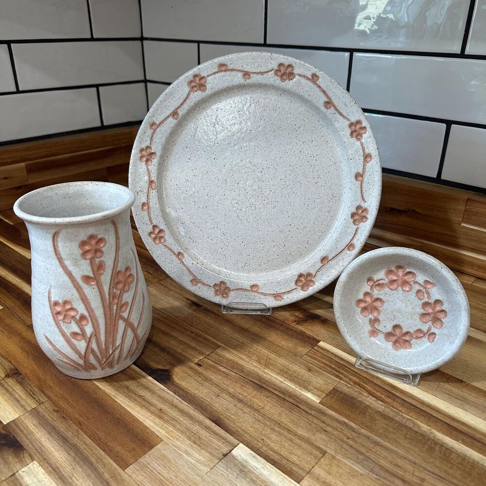Amber Stone Handcrafted Pottery 3 Pc Set Plate, Berry Bowl, Vase Recessed Floral